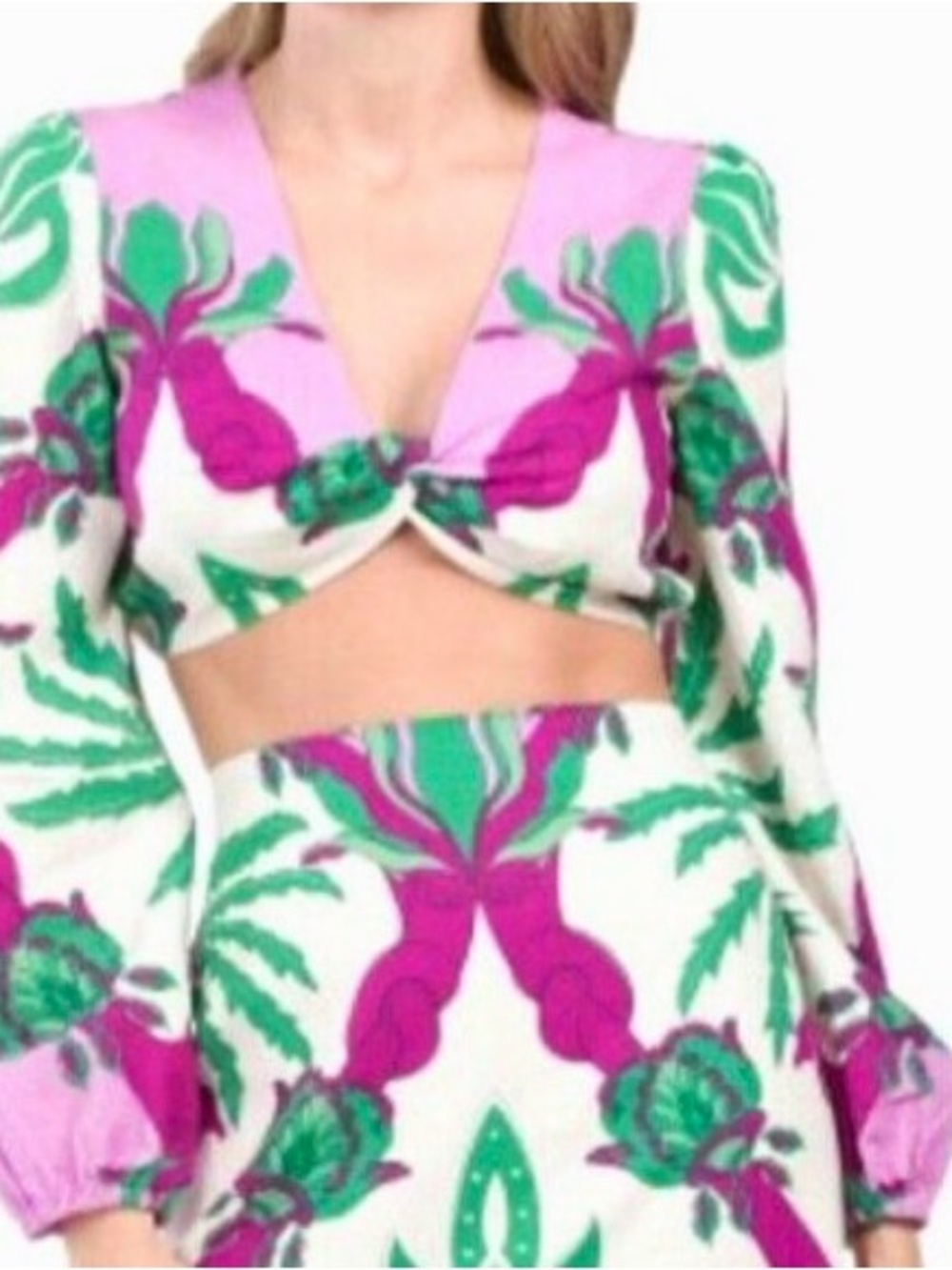 Caroline Constas bright tropical floral print Label long sleeve crop top small